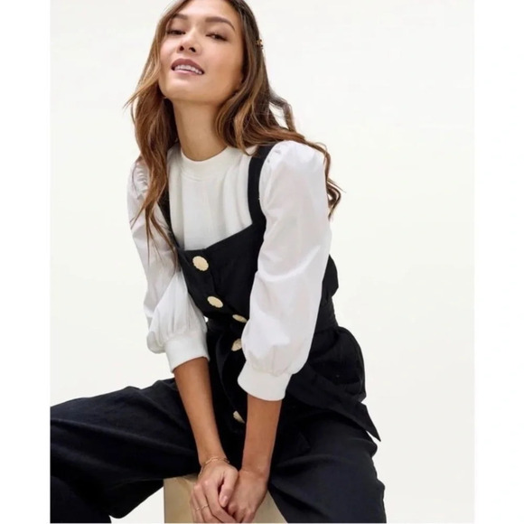 Mary Lawless Lee x Splendid Button Jumpsuit Black Linen Blend 22172 - Picture 3 of 15